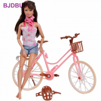 High Quality Pink Bicycle Detachable Fashion Bike With Brown Plastic Helmet Basket For Barbie Doll 1/6 Accessories Kids Toy Gift