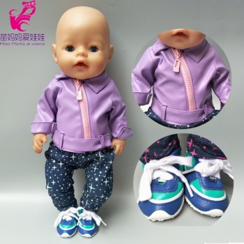 doll clothes for 43cm born Baby doll zipper clothes Pink PU leather doll coat for 17 inch baby doll jacket winter clothes