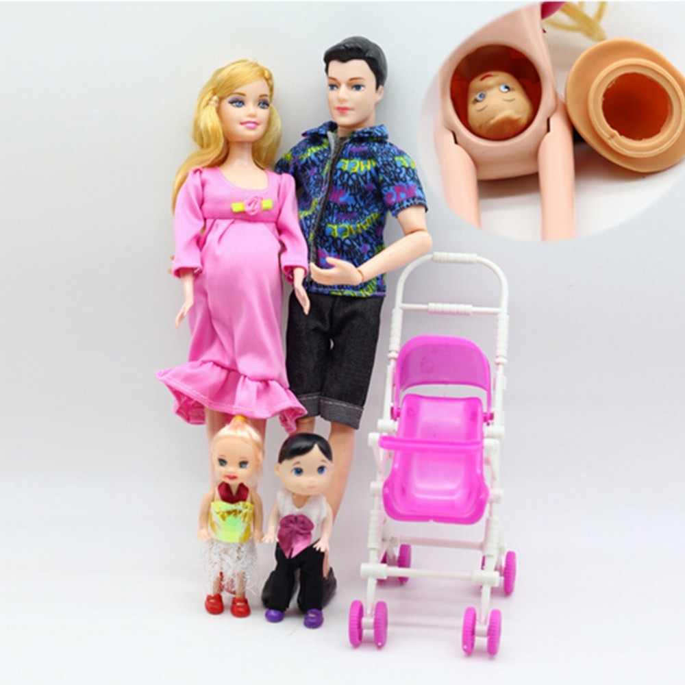 Toys Family Carriage Real Pregnant Doll Gifts 5 People Dolls Suits