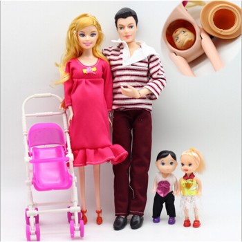 Toys Family Carriage Real Pregnant Doll Gifts 5 People Dolls Suits