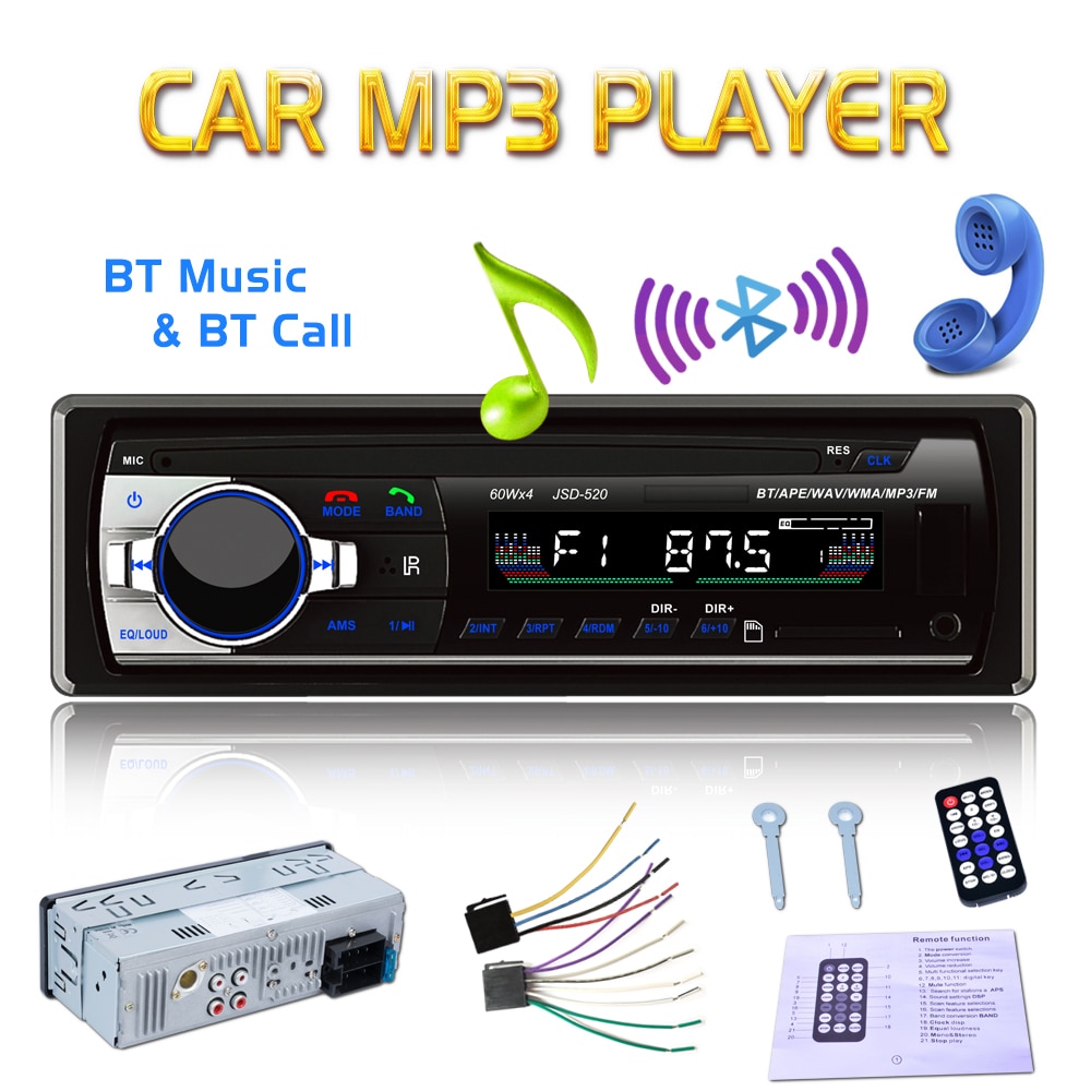 Bluetooth V2.0 JSD-520 Stereo Autoradio Car Radio 12V In-dash 1 Din FM Aux Input Receiver SD USB MP3 MMC WMA Car Audio Player