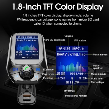 CDEN Car mp3 color large screen 1.8 inch U disk music player Bluetooth receiver fm transmitter QC3.0 fast charge car charger