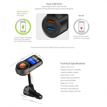 FM Transmitter Bluetooth FM Modulator Handsfree Car Kit MP3 Player TF music play USB Quick Charge