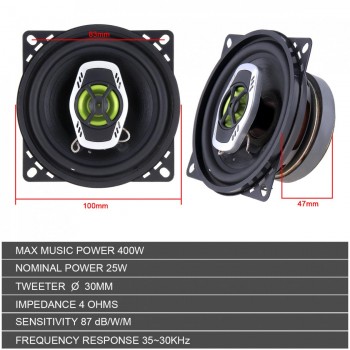 2pcs 4 Inch 10cm 400W 2 Way Hifi Car Coaxial Speaker Loudspeaker Auto Audio Music Stereo Full Range Frequency Loud Speakers