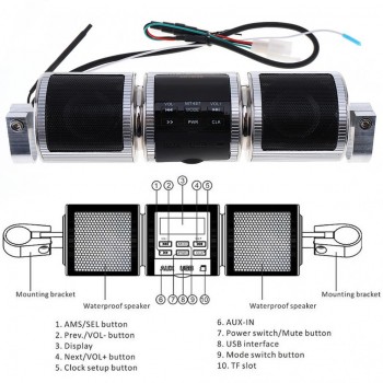 Bluetooth Motorcycle Stereo Speaker Motorbike MP3 Music Player FM Radio Adjustable Bracket Waterproof LED Display