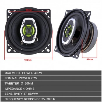 1Pair 4 Inch 10cm 400W 2 Way Car Coaxial Auto Audio Music Stereo Full Range Frequency Hifi Speakers Non-destructive Installation