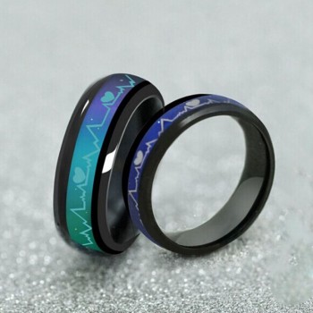 Color Changing Titanium/Stainless Steel Mood Ring, EKG w/Hearts Design, Gift Box Included Fashion Couples Titanium Steel