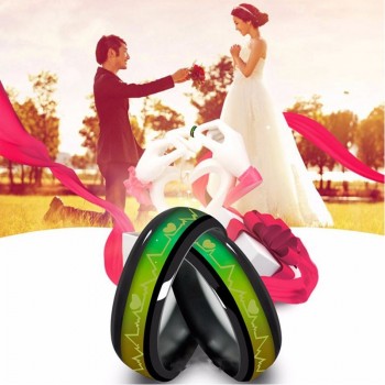 Color Changing Titanium/Stainless Steel Mood Ring, EKG w/Hearts Design, Gift Box Included Fashion Couples Titanium Steel