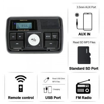 Universal Waterproof Motorcycle alarm Handlebar Audio Amplifier System 3 Stereo Speaker FM MP3 USB SD AUX With remote control