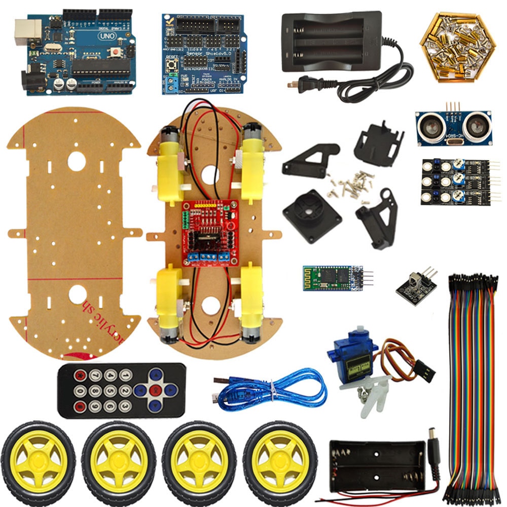 Bluetooth Ultrasonic Smart Car Robot Starter Kit with Uno R3 1602LCD Atmega-328P Smart Robot Car Kit Free Shipping 5pcs/lot