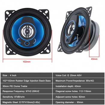 2Pieces 4 Inch 2 Way 300W Car Speaker Automobile Car HiFi Audio Full Range Frequency Coaxial Speaker High Pitch Loudspeaker