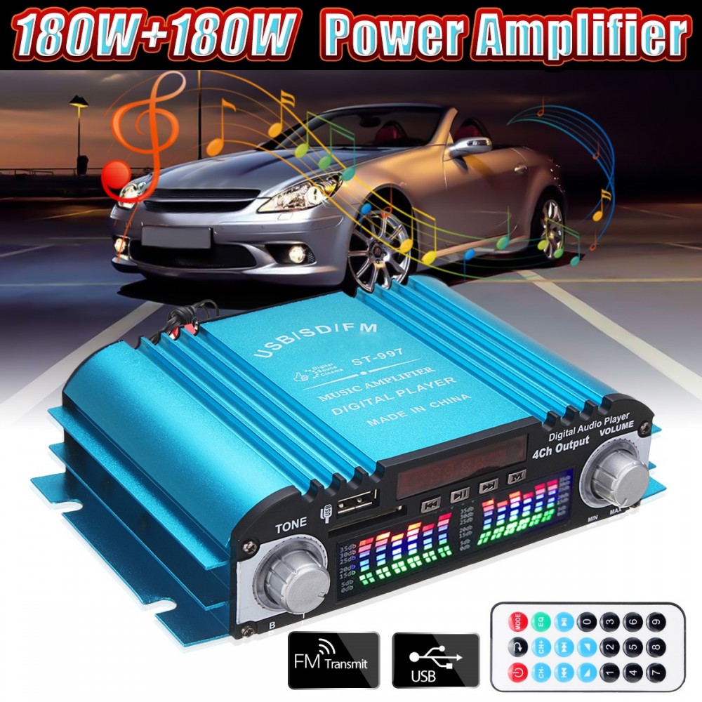 KROAK 360W DC 12V Digital Audio Stereo Amplifier 4CH USB SD FM + Remote Control Mini Car Audio Power Amplifier