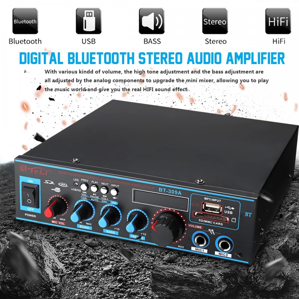 2x60W Audio Power Stereo Digital Amplifier 220V/12V Bluetooth USB FM SD Mic Home CarCompatible LED Display with Remote Contro