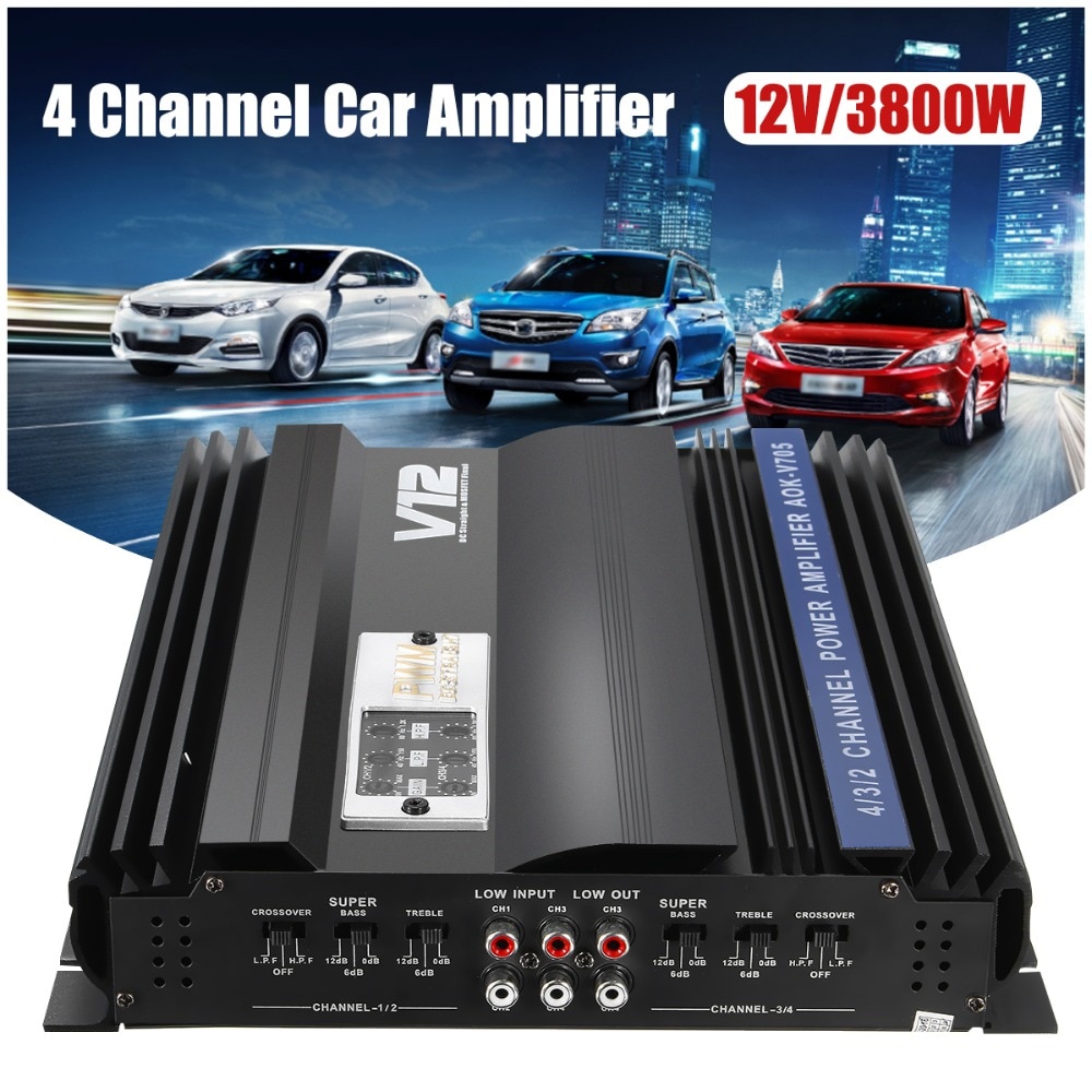 KROAK 3800W RMS 4 Channel 12V Amplifier Audio bluetooth Car Audio Stereo Amplifier Amp Speaker Metal Car Amplifier Car Subwoofer