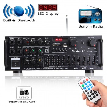 2000W bluetooth 2.0 Channel Audio Power HiFi Amplifier Stereo 326BT 12V/220V AV Amp Speaker Support 4 Microphone with Remote