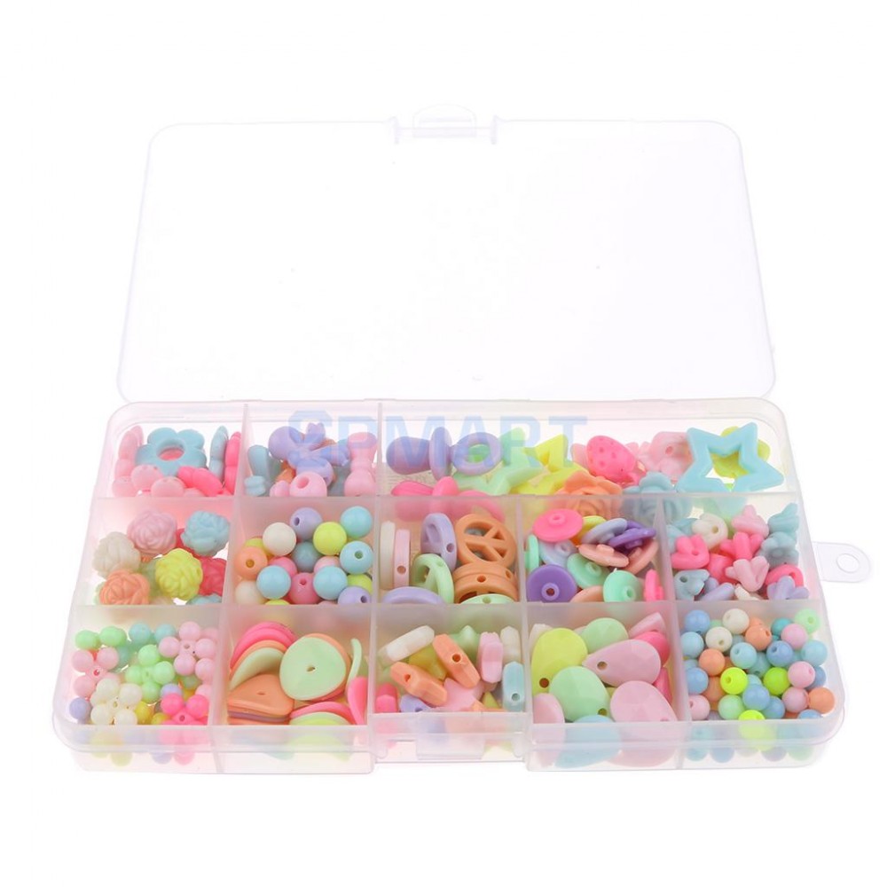 DIY Beads Craft Set with 8m String, about 320pcs Various Types Shapes Colorful DIY Beads in a Box for Necklace Bracelet Crafts