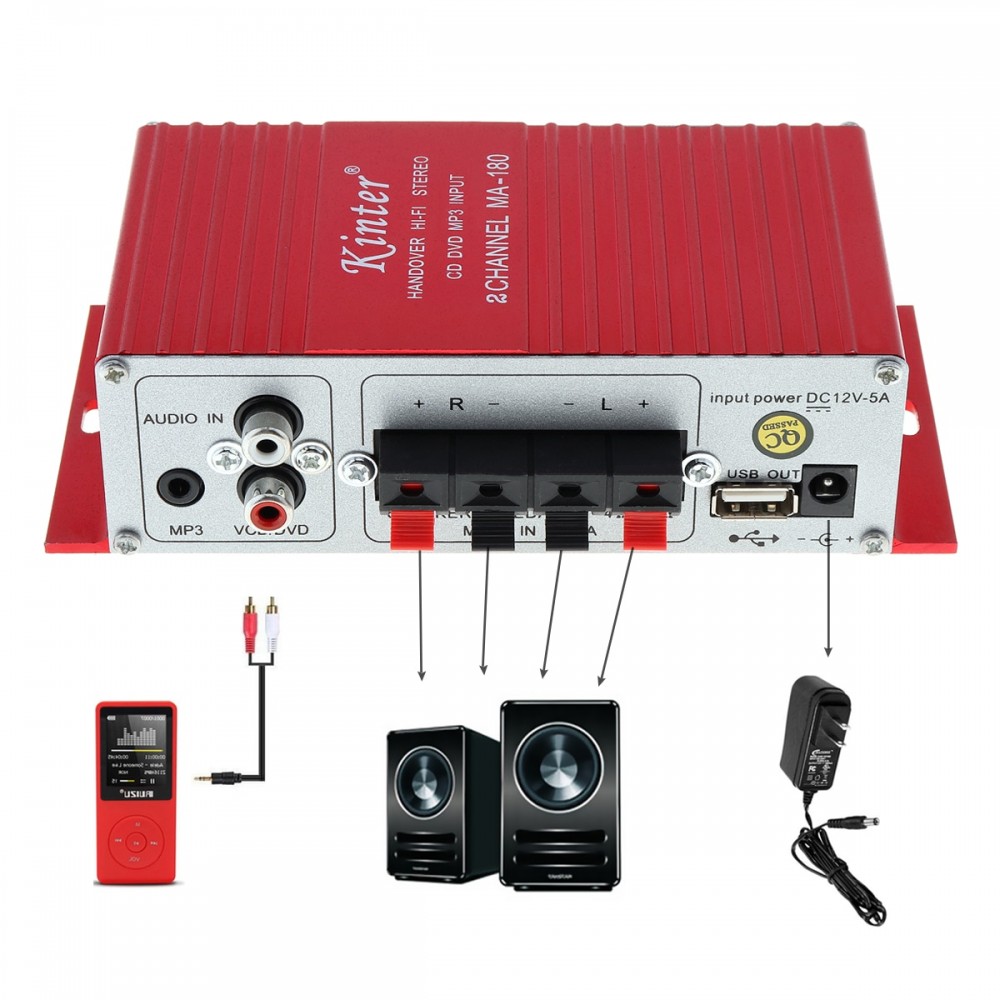 Kinter MA-180 Mini USB Car Audio Amplifier 2CH Stereo HIFI Amplifier for Boat Amp:Red 12V Auto Power Amplifiers