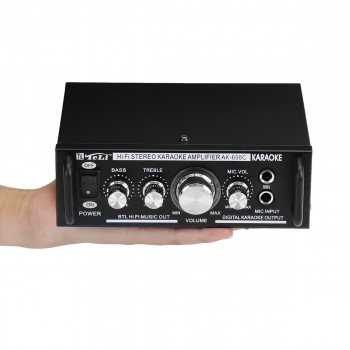 600W 12V/220V 2 Mic Stereo Speaker Mini Car Home Bass Power Amplifier HiFi MP3 Booster AK-698C 16x11.5x5.2cm Low Consumption
