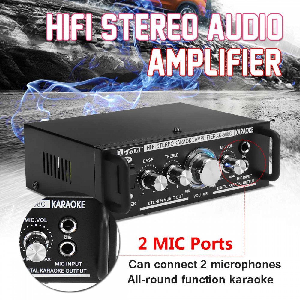 600W 12V/220V 2 Mic Stereo Speaker Mini Car Home Bass Power Amplifier HiFi MP3 Booster AK-698C 16x11.5x5.2cm Low Consumption