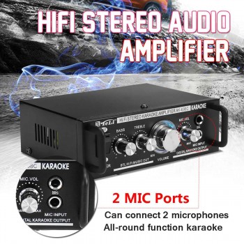 600W 12V/220V 2 Mic Stereo Speaker Mini Car Home Bass Power Amplifier HiFi MP3 Booster AK-698C 16x11.5x5.2cm Low Consumption