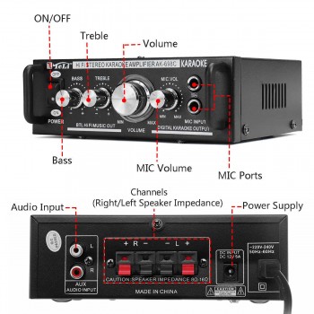 600W 12V/220V 2 Mic Stereo Speaker Mini Car Home Bass Power Amplifier HiFi MP3 Booster AK-698C 16x11.5x5.2cm Low Consumption