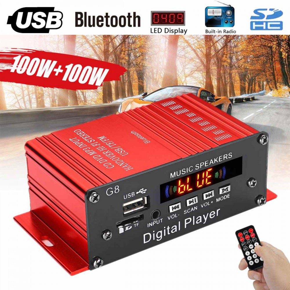G8 200W 12V Car Audio Amplificador HIFI Audio Power Amplifier Bluetooth Only Car Stereo Amplifiers FM Radio 2CH USB/TF/AUX
