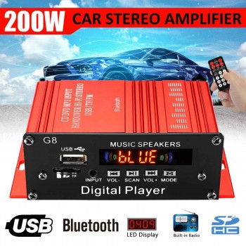 G8 200W 12V Car Audio Amplificador HIFI Audio Power Amplifier Bluetooth Only Car Stereo Amplifiers FM Radio 2CH USB/TF/AUX