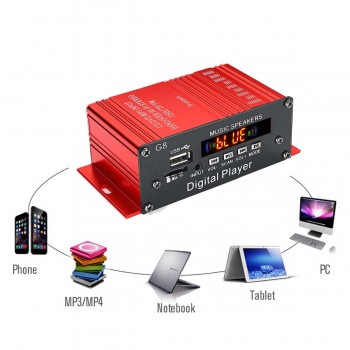 G8 200W 12V Car Audio Amplificador HIFI Audio Power Amplifier Bluetooth Only Car Stereo Amplifiers FM Radio 2CH USB/TF/AUX