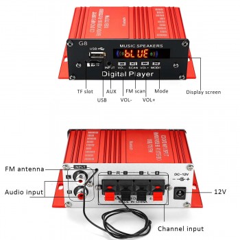G8 200W 12V Car Audio Amplificador HIFI Audio Power Amplifier Bluetooth Only Car Stereo Amplifiers FM Radio 2CH USB/TF/AUX