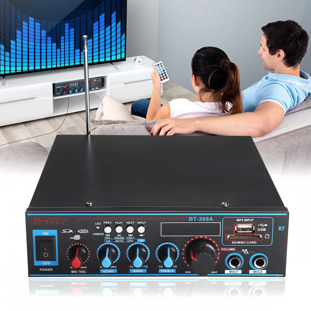Audio Stereo Amplifier 220V/12V Bluetooth Digital USB FM SD Mic Home Car Compatible  LED Display Playback EU Plug Adjust