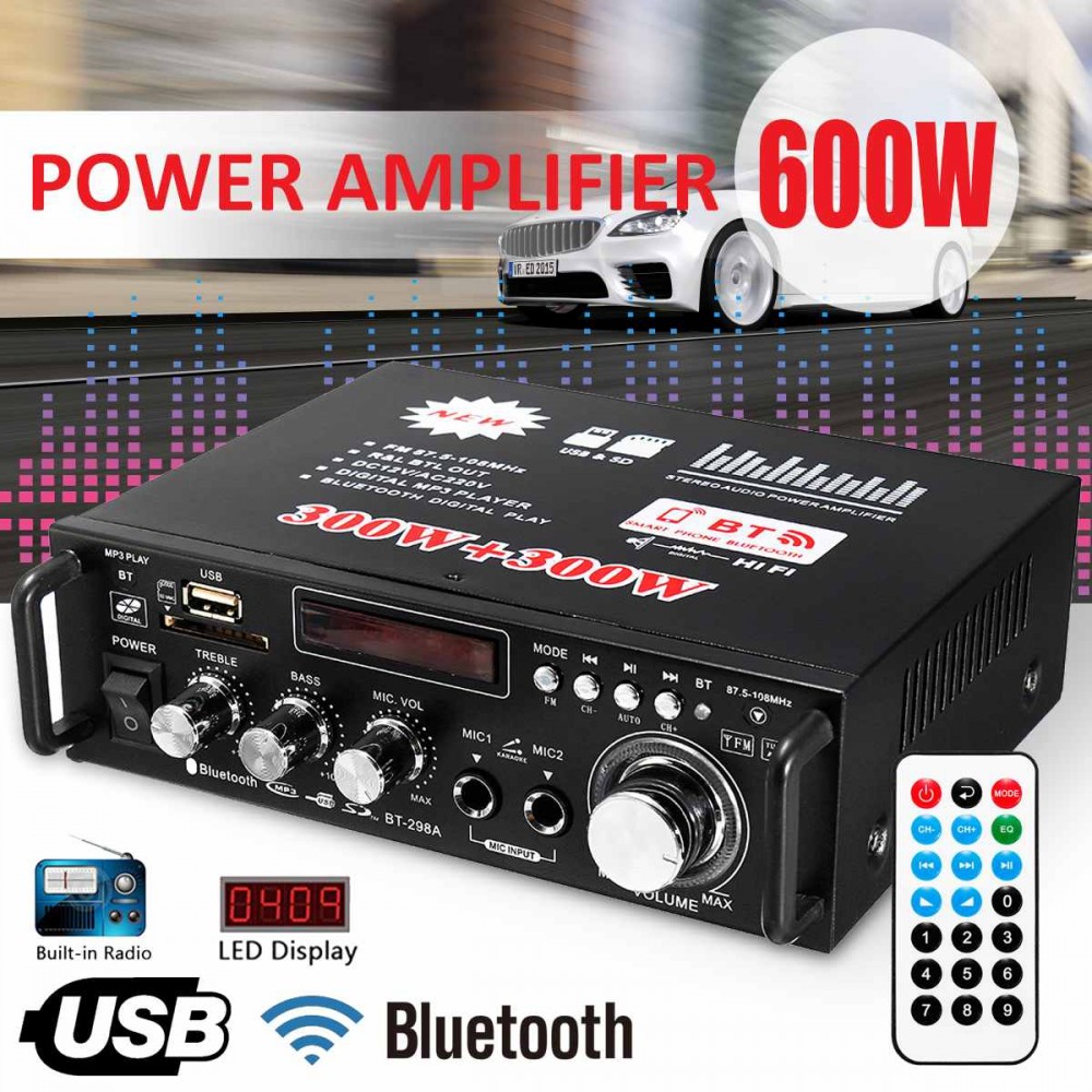 12V/ 220V BT-298A 2CH LCD Display Digital HIFI Audio Stereo Power Amplifier Bluetooth FM Radio Car Home 600W with Remote Control