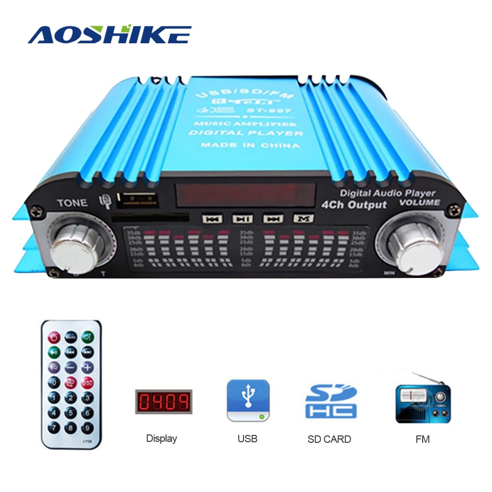 AOSHIKE 12V  80W Car Computer Amplifier Car-Mounted Home  4 Channel Card Remote Control Amplifier Bedside Audio Amplifier HIFI