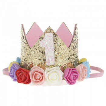 Artificial Delicate Mini Felt Glitter Crown with Flower Headband For Birthday Party DIY Garments Hair Decorative Accessories