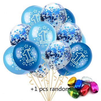 12 inch Happy 1 year Birthday Blue Pink Baby Party Cartoon Hat Toy 10pcs 1 One Year+5pcs Confetti +1pcs 10M Random color Ribbons