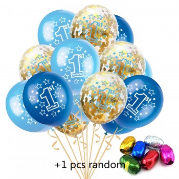 12 inch Happy 1 year Birthday Blue Pink Baby Party Cartoon Hat Toy 10pcs 1 One Year+5pcs Confetti +1pcs 10M Random color Ribbons