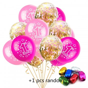 12 inch Happy 1 year Birthday Blue Pink Baby Party Cartoon Hat Toy 10pcs 1 One Year+5pcs Confetti +1pcs 10M Random color Ribbons
