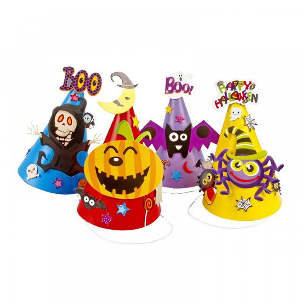 4Pcs Halloween Cartoon Paper Cap Ornament Hat for Children Kids (Skull Bat Pumpkin Spider)