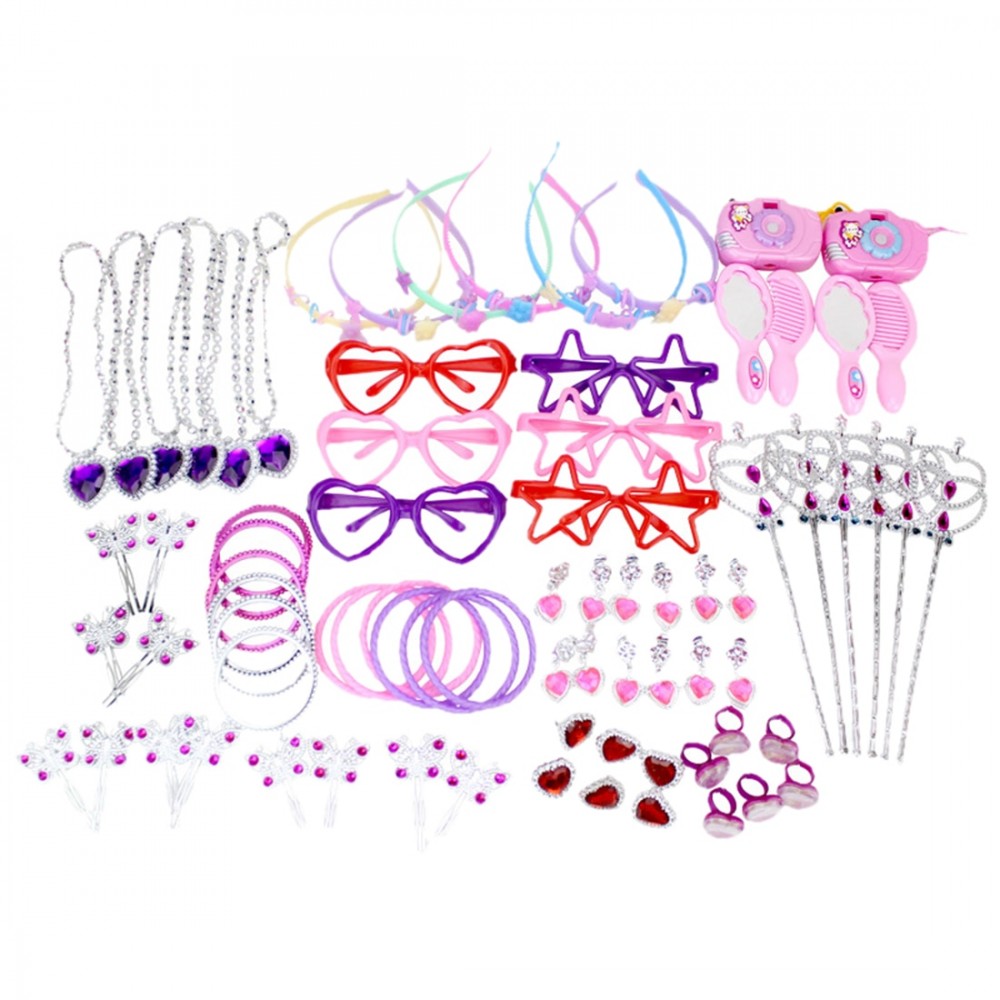 72Pcs Girl Birthday Decoration Toy Set for Pink Party 12 Type Mixed Heart Head Ring Butterfly Hairpin Hair Band Camera Toys Set