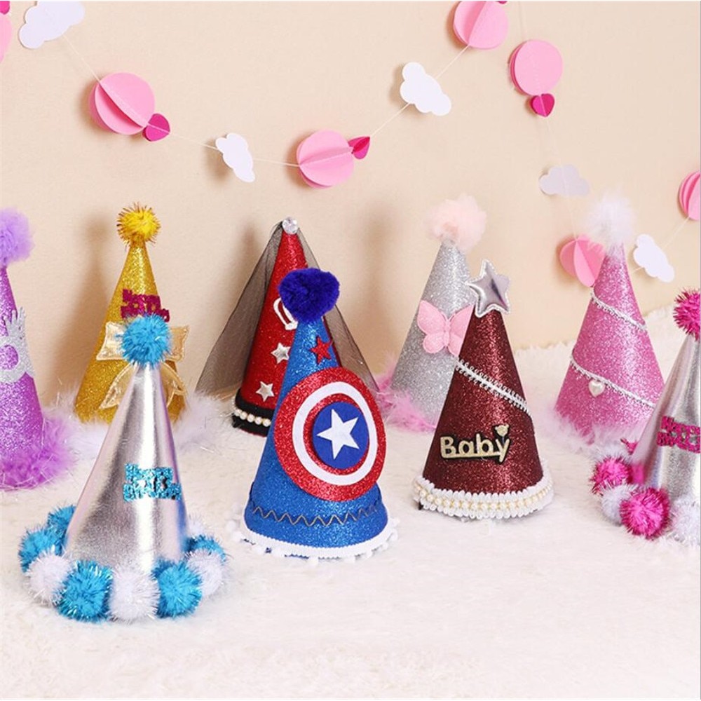 Baby boy girl cute First Birthday Party princess prince Crown Hat Gold One Two Three Year Old Glitter party cartoon hats