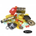 60Pcs Pirates Costume Props Set Pirate Eye Patch  Eyeshade Cover Gold Coins Pirate Gems Jewelry Treasure Box Kids Party Supply