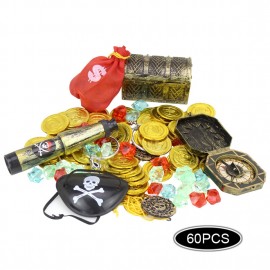 60Pcs Pirates Costume Props Set Pirate Eye Patch  Eyeshade Cover Gold Coins Pirate Gems Jewelry Treasure Box Kids Party Supply