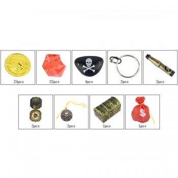 60Pcs Pirates Costume Props Set Pirate Eye Patch  Eyeshade Cover Gold Coins Pirate Gems Jewelry Treasure Box Kids Party Supply