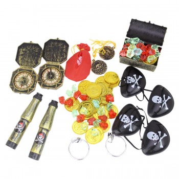 60Pcs Pirates Costume Props Set Pirate Eye Patch  Eyeshade Cover Gold Coins Pirate Gems Jewelry Treasure Box Kids Party Supply