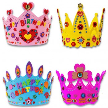 3Pcs DIY Birthday Hat Children Handmade Party Crown EVA Material Package Kits Handicraft Self-adhesive Paste Picture for Kids