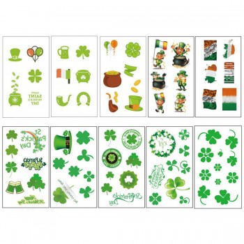 24Pcs Irish Shamrock Four Leaf Clover Waterproof Stickers Temporary Tattoos Cartoon Hat for Saint Patricks Day Party - Random