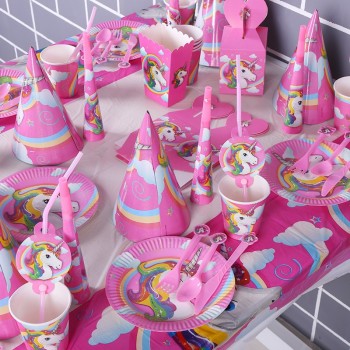 145pcs Unicorn Princess kids happy Birthday child Party Decorations  Tableware Set  Favor hat gift