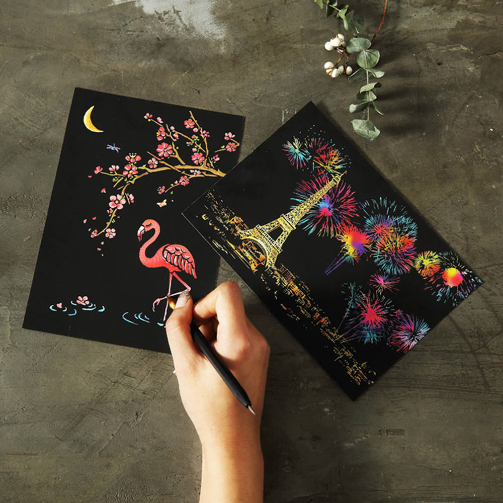 HIINST 4pcs 20x14cm Magic Scratch Art Painting Paper With Drawing Stick Kids Toy Painting Gift Toy Kid Drop Shipping L827