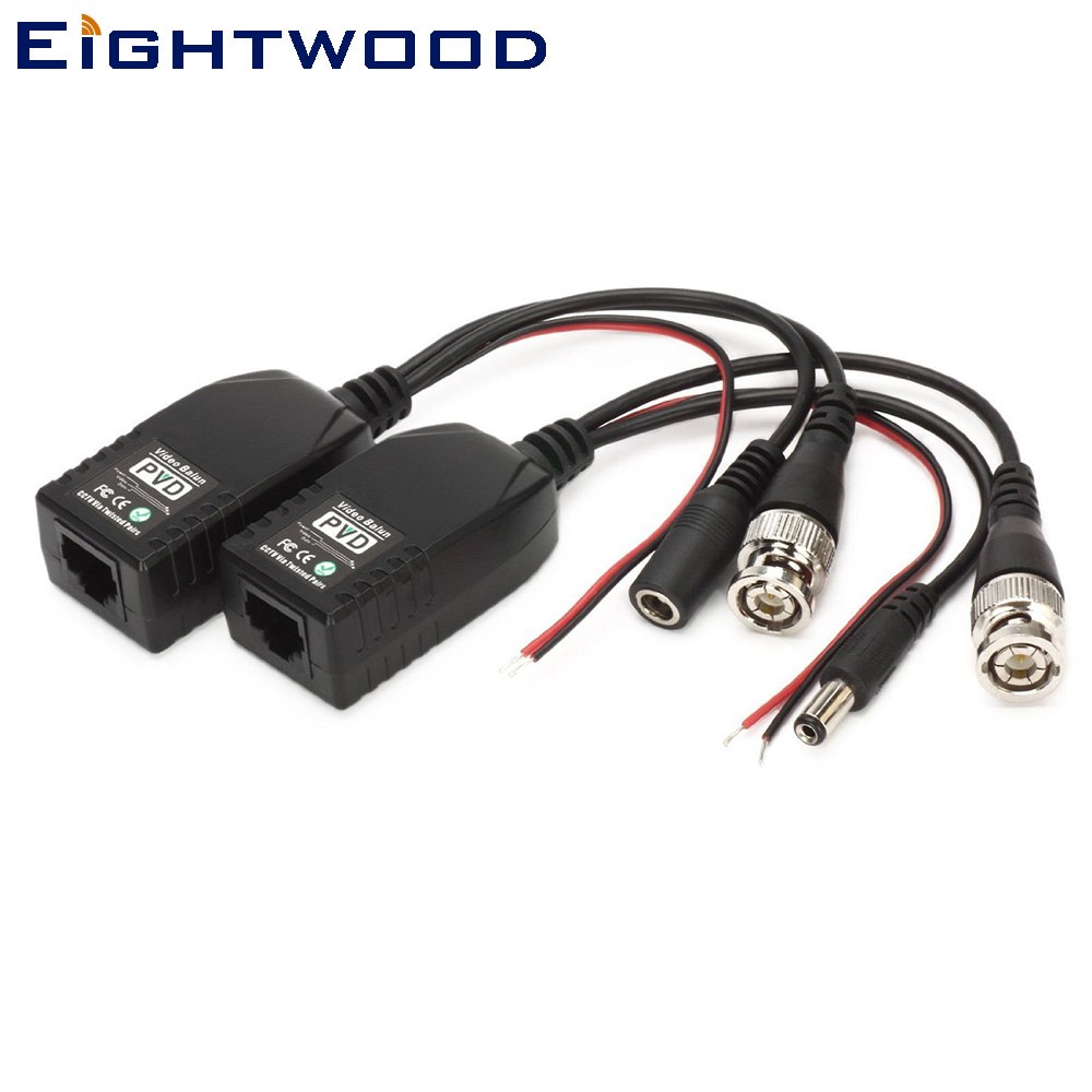 Eightwood BNC to RJ45 CAT5 Video +Data +Power Balun Connector for CCTV PTZ Camera 1 Pairs(2PCS)
