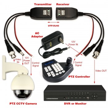 Eightwood BNC to RJ45 CAT5 Video +Data +Power Balun Connector for CCTV PTZ Camera 1 Pairs(2PCS)