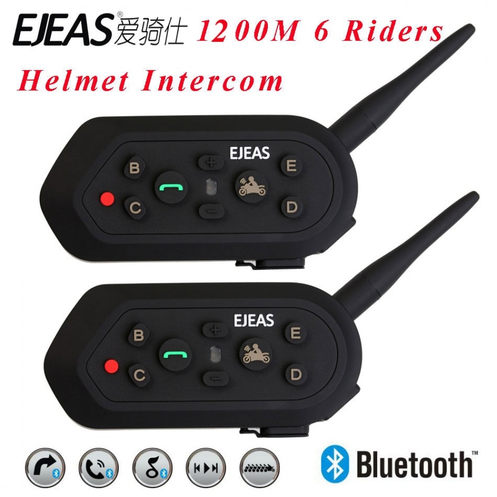 2PCS E6 Helmet Intercom 6 Riders 1200M Motorcycle Bluetooth Intercom Headset Walkie Talkie Helmet BT Interphone